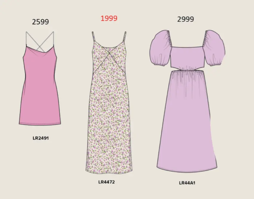 O'Stin pink dress collection — three dresses with prices
